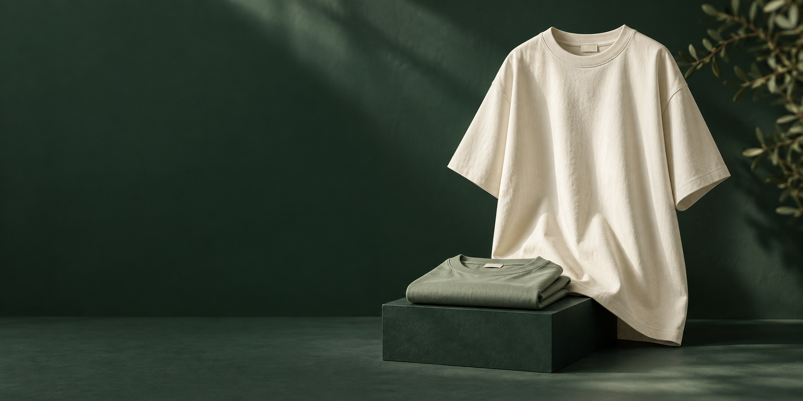 T-shirts en coton crème et sauge sur un socle vert forêt